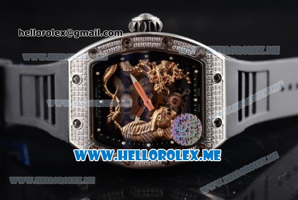 Richard Mille RM 51-01 Tourbillon Tiger and Dragon Asia Manual Winding Steel Case with Seleton Dial and Black Rubber Strap Diamonds Bezel - Click Image to Close